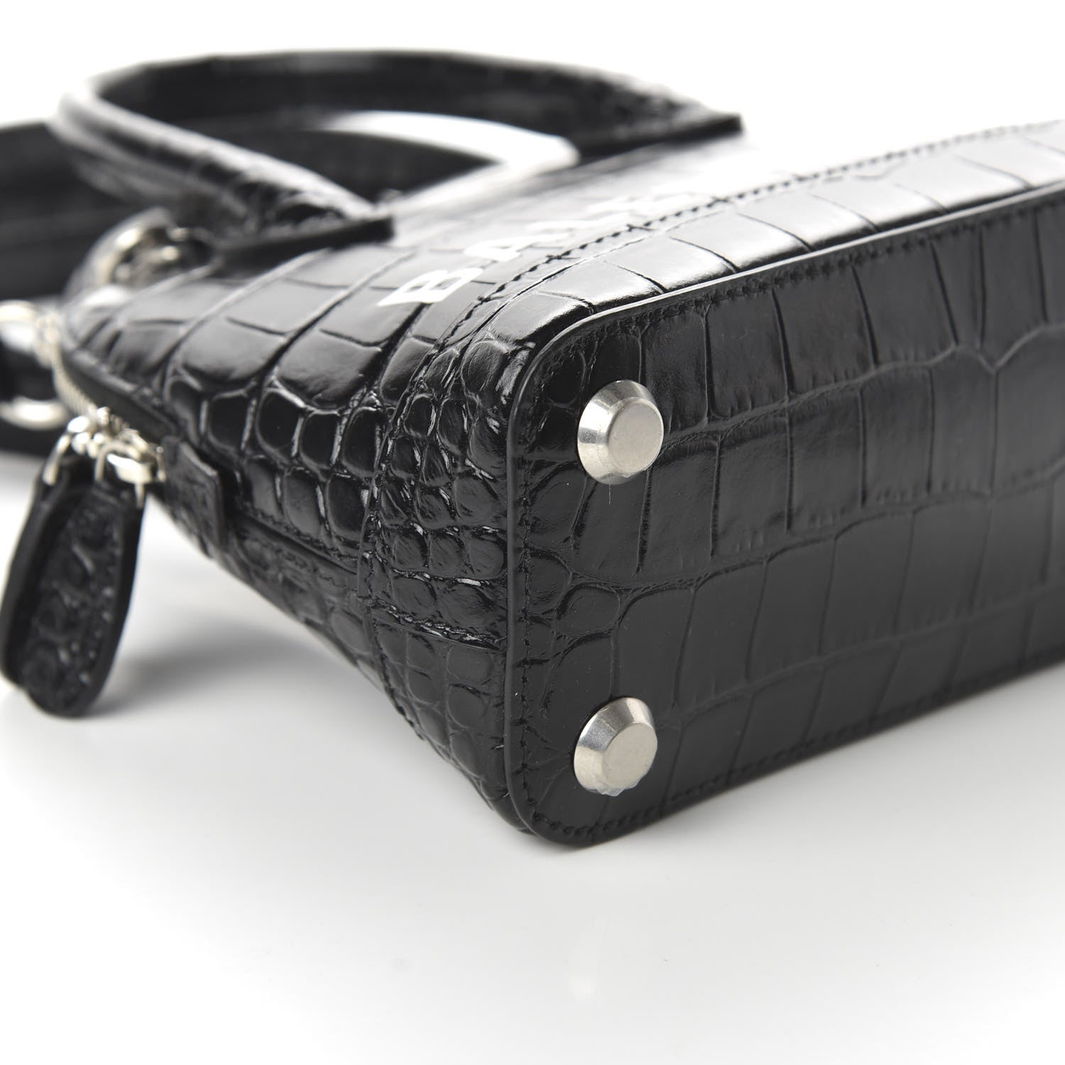 Balenciaga Calfskin Logo Crocodile Embossed XXS Ville Top Handle Bag Black White 6 of 9
