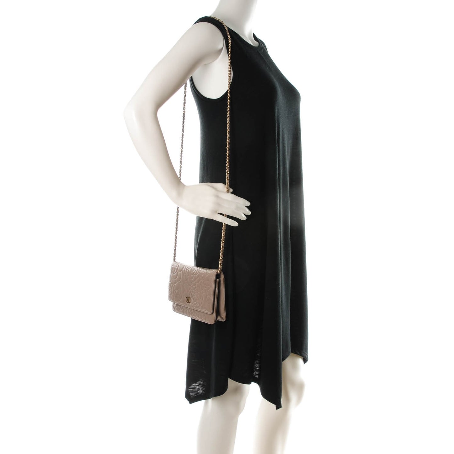 Lambskin Camellia Embossed Wallet on Chain WOC Beige