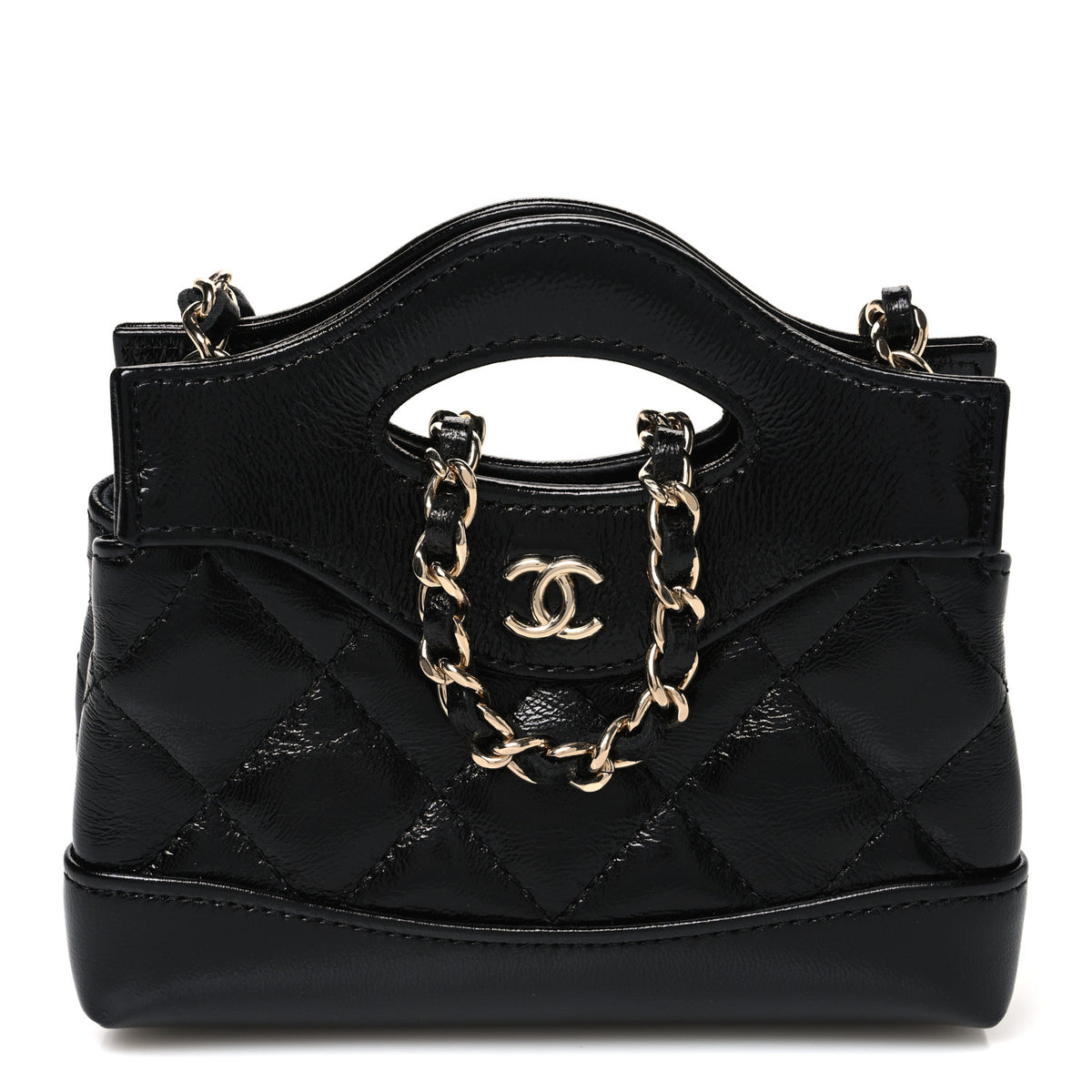 Shiny Lambskin Quilted Micro 31 Clutch With Chain Black
