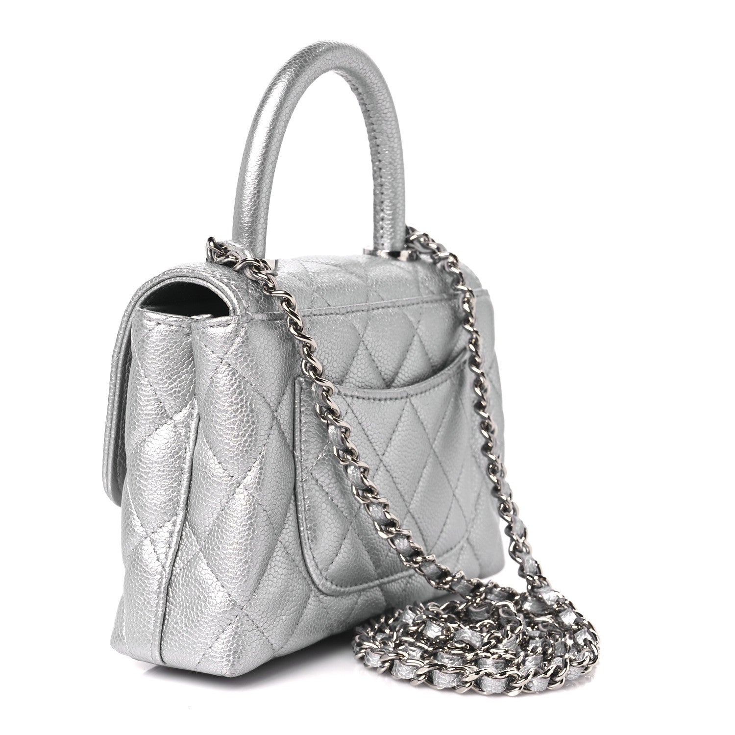 Chanel Metallic Caviar Quilted Coco Handle Clutch With Chain Silver 3 of 11