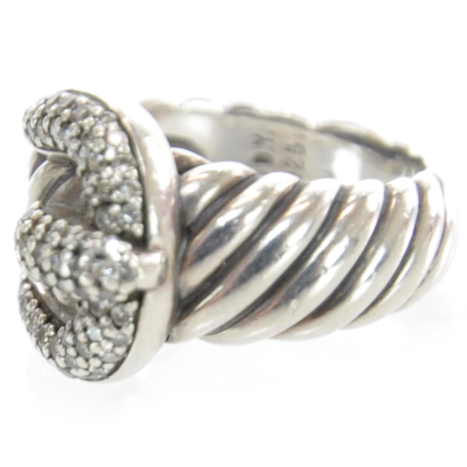 David Yurman Sterling Silver Pave Diamond Buckle Cable Ring 2 of 5