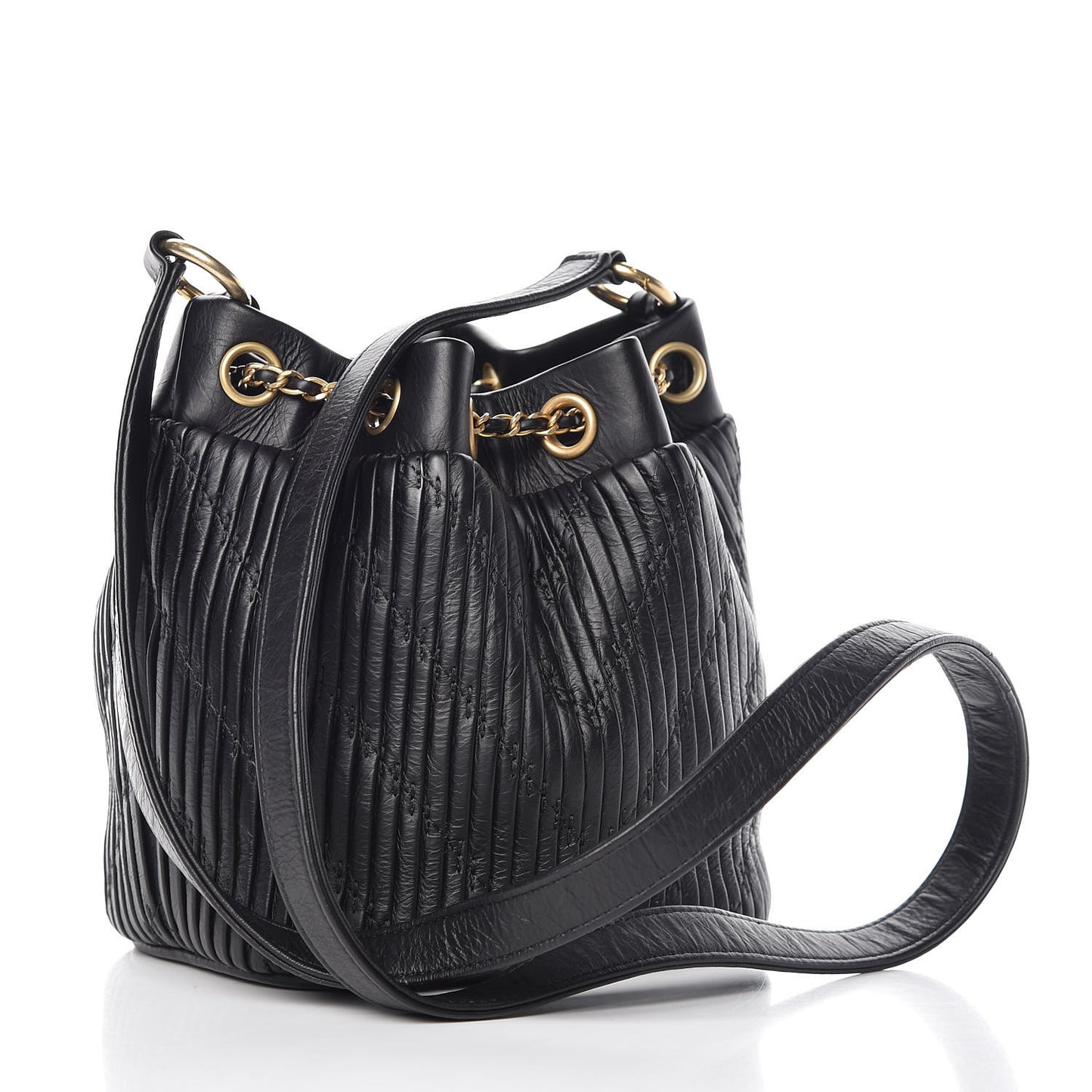 Iridescent Crumpled Calfskin Coco Pleats Small Drawstring Bag Black