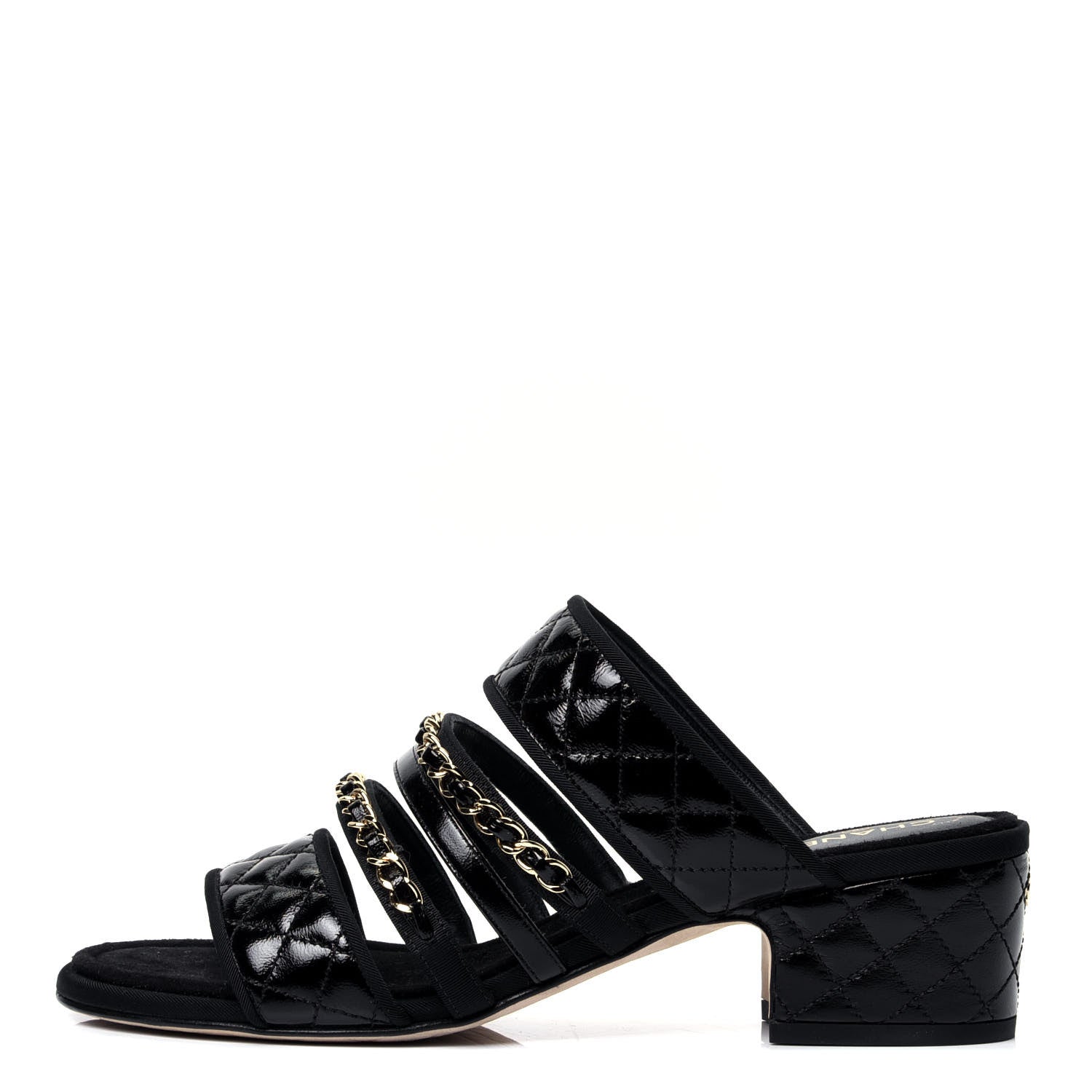 Chanel Distressed Patent Quilted Chain Mule Sandals 37 Black 1 of 11