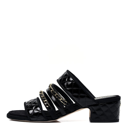Chanel Distressed Patent Quilted Chain Mule Sandals 37 Black 1 of 11