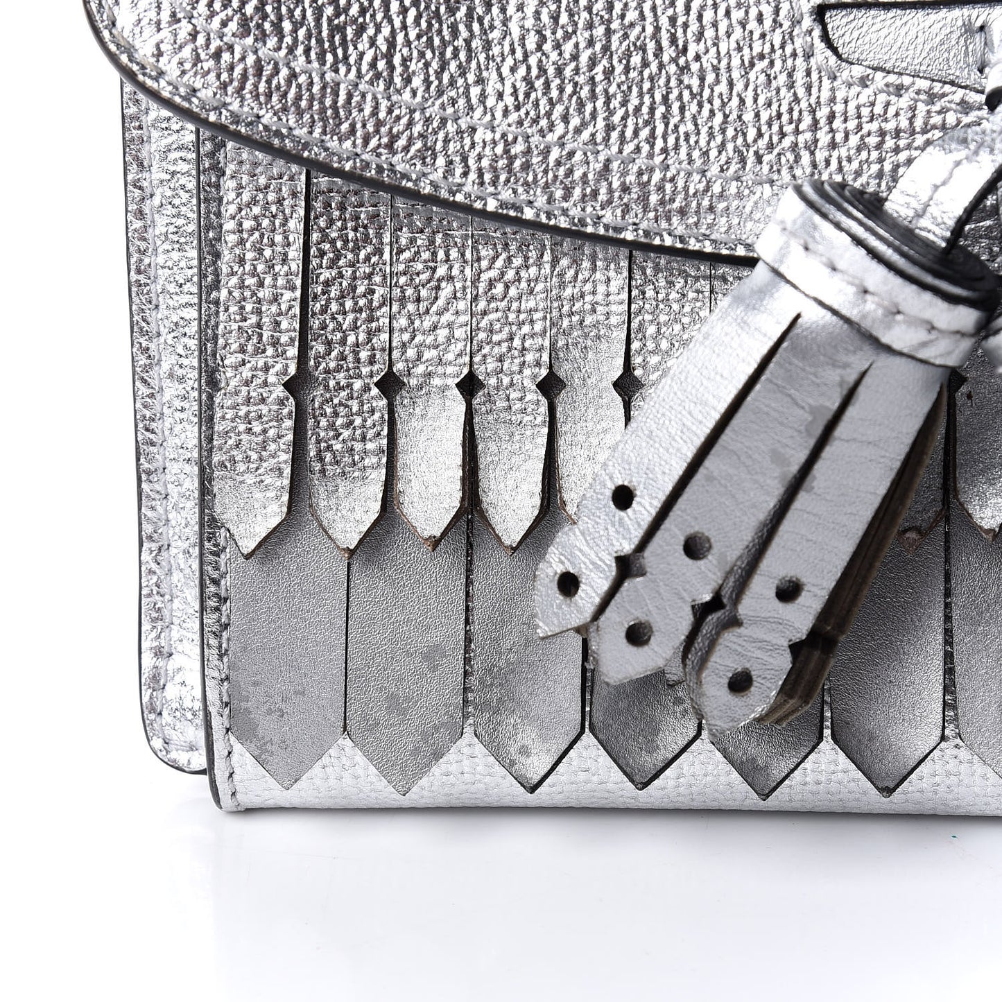 Metallic Grainy Calfskin Broguing Tassel Small Macken Crossbody Bag Silver