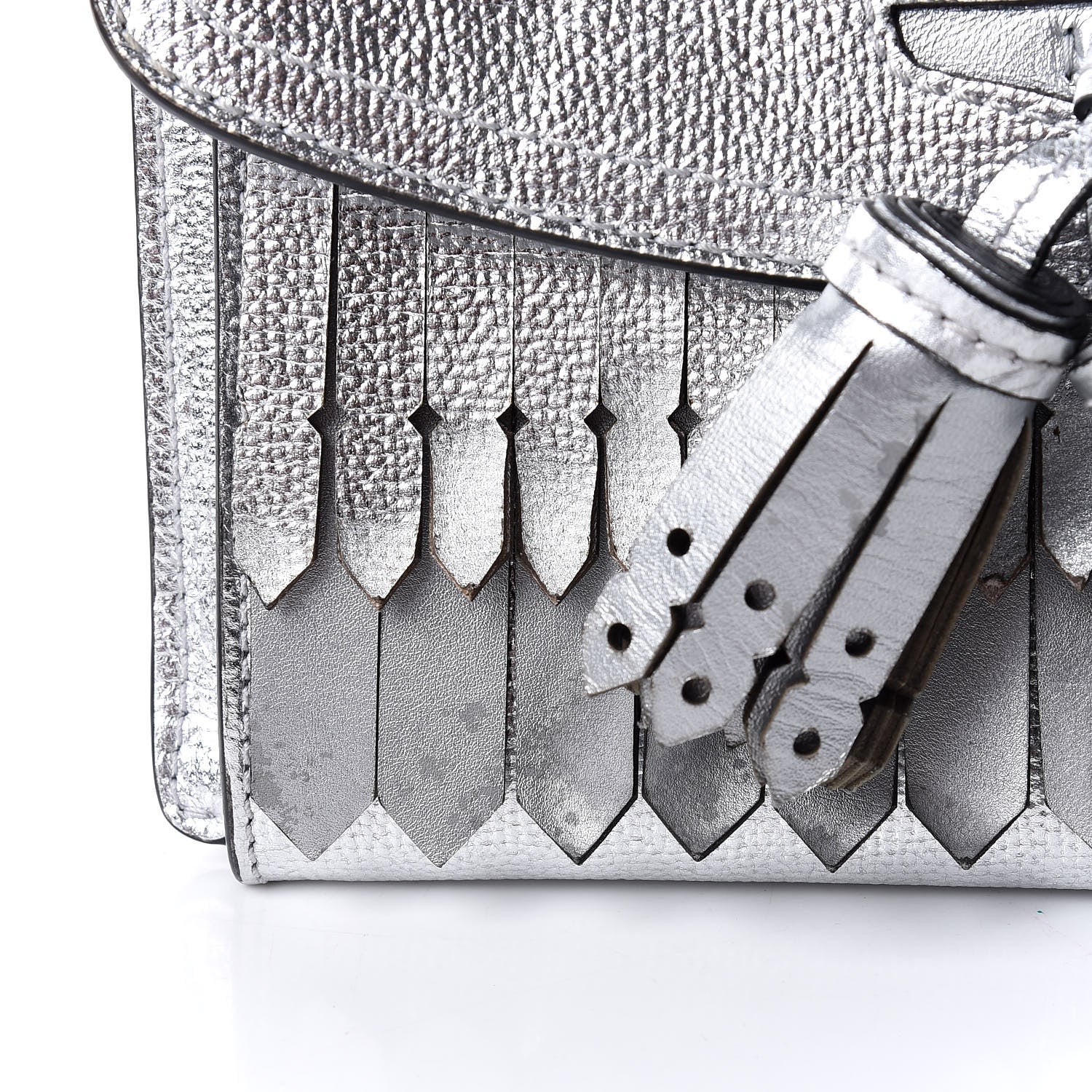 Burberry Metallic Grainy Calfskin Broguing Tassel Small Macken Crossbody Bag Silver 9 of 11