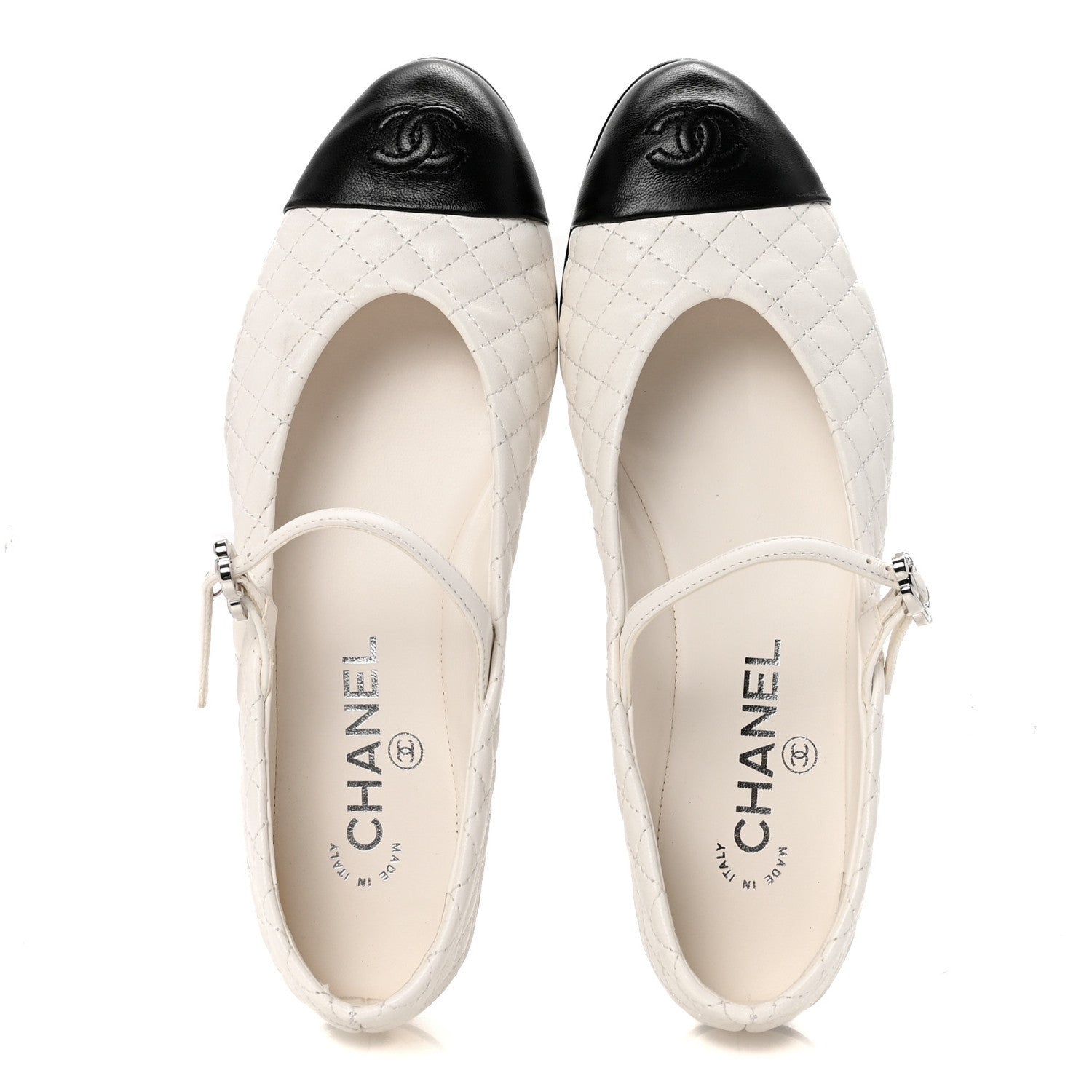 Chanel Lambskin Quilted Mary Jane Flats 38 White Black 1772397