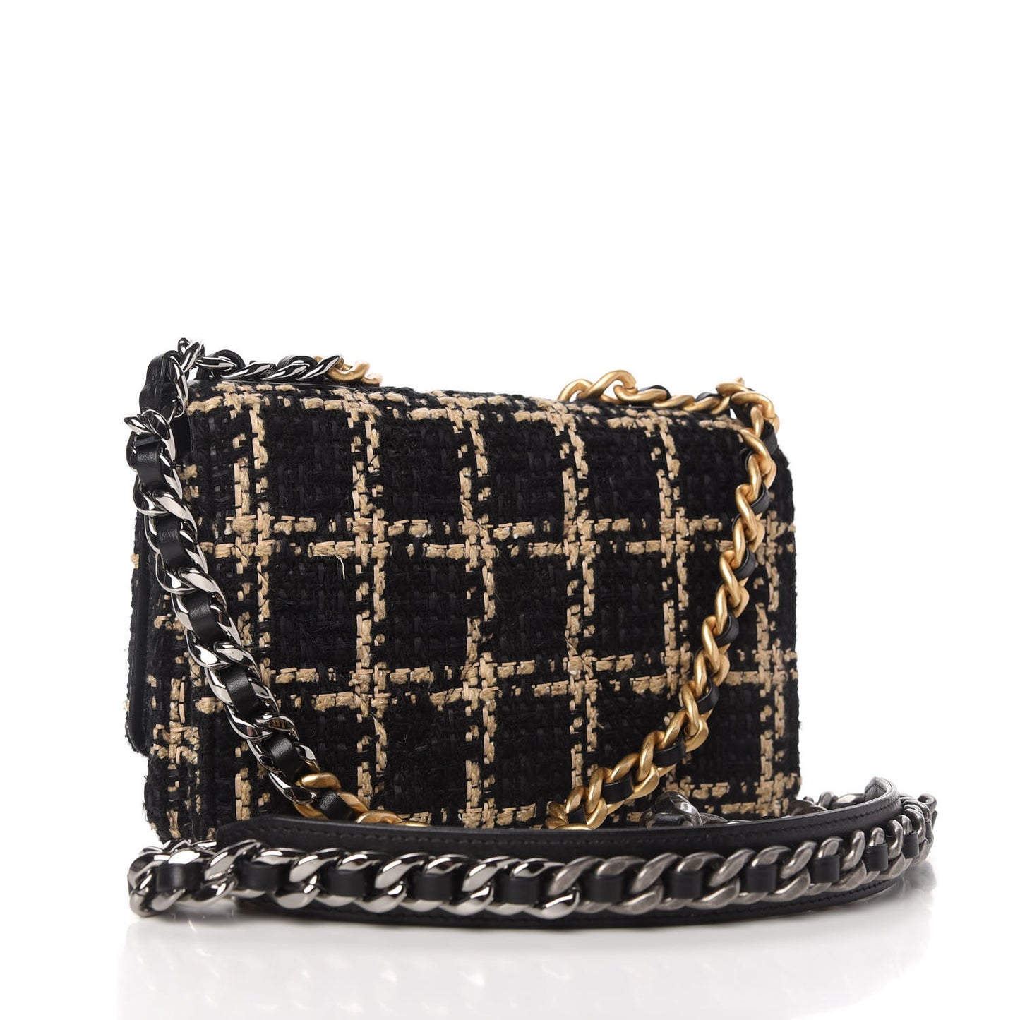 Tweed Quilted Chanel 19 Wallet On Chain WOC Black Beige