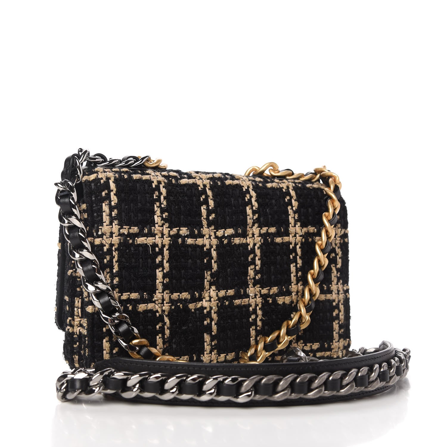 Chanel Tweed Quilted Chanel 19 Wallet On Chain WOC Black Beige 3 of 12
