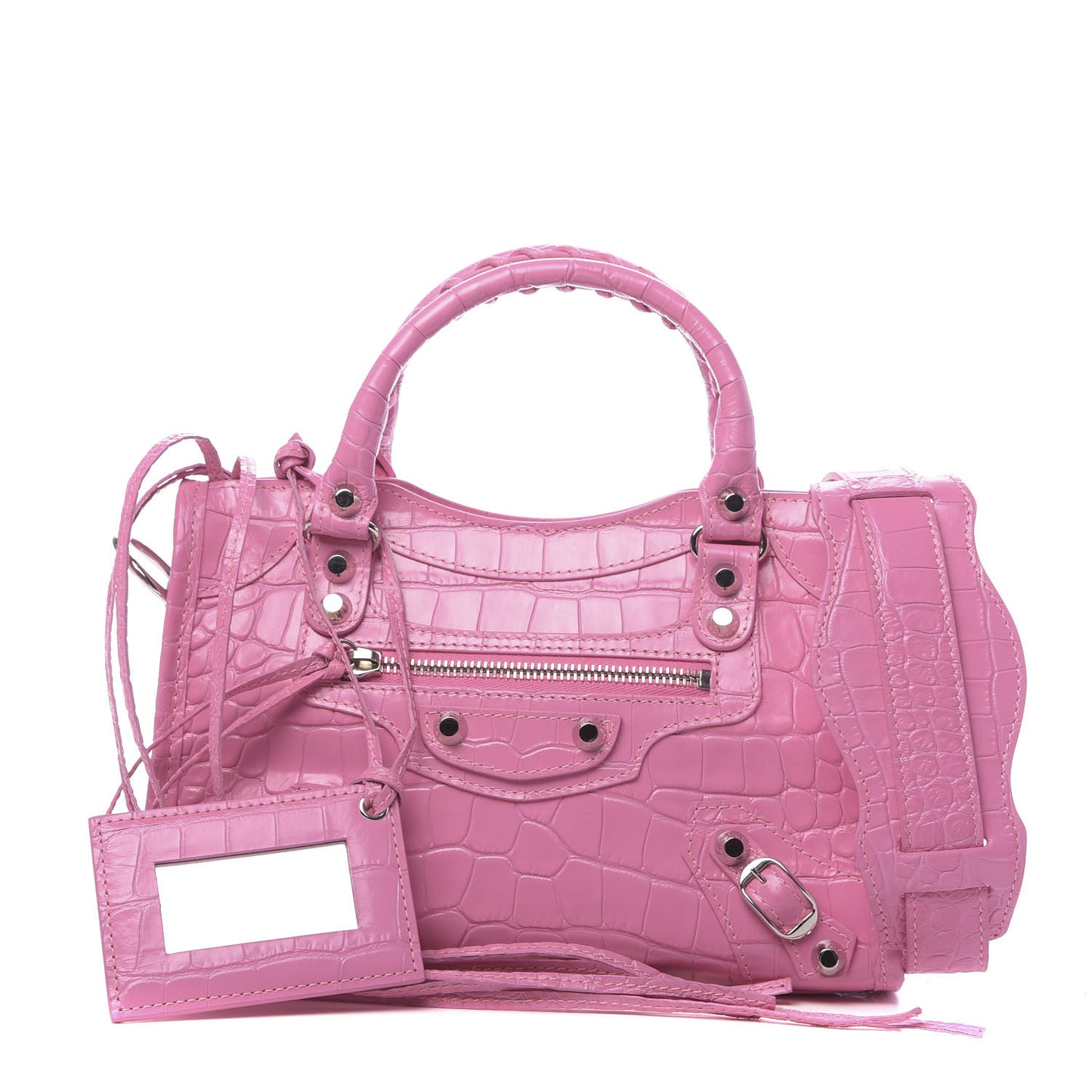 Shiny Supple Calfskin Crocodile Embossed Classic Silver Hardware Mini City Baby Pink
