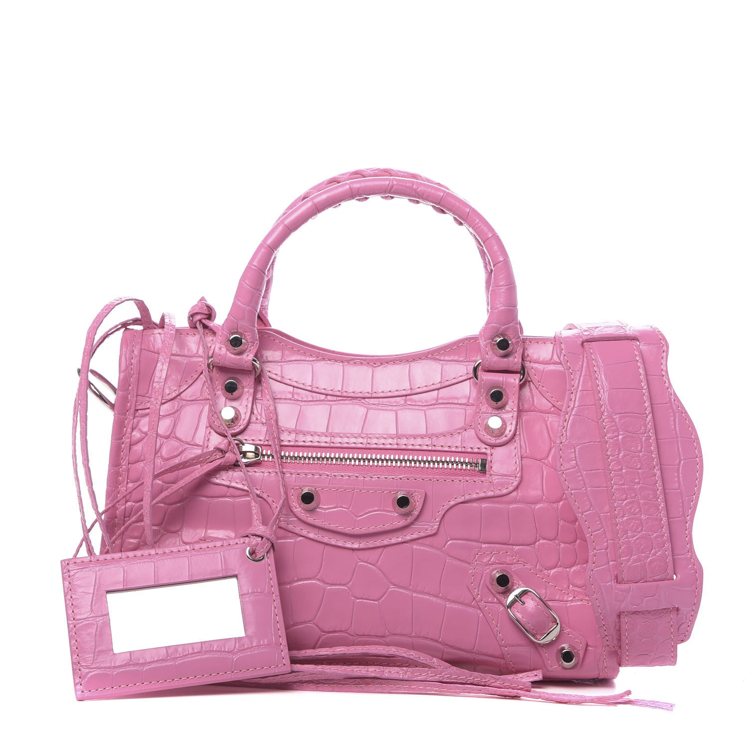 Balenciaga Shiny Supple Calfskin Crocodile Embossed Classic Silver Hardware Mini City Baby Pink 1 of 11