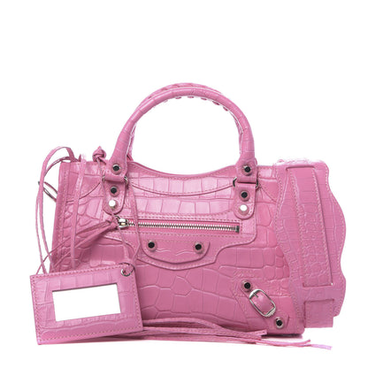 Balenciaga Shiny Supple Calfskin Crocodile Embossed Classic Silver Hardware Mini City Baby Pink 1 of 11