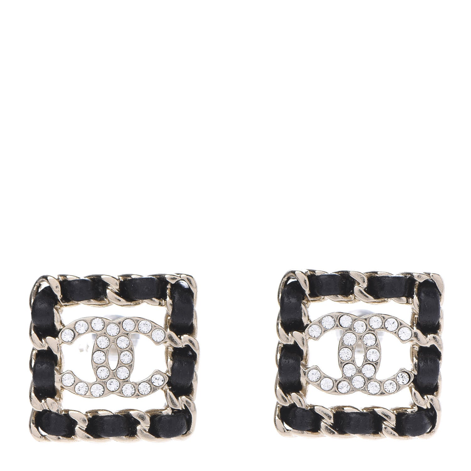 Chanel Crystal Lambskin Chain Sergeant Stud Earrings Black Gold 1 of 10
