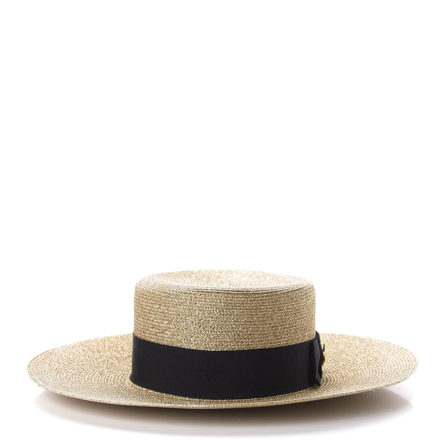 Glittered Straw Grosgrain Wide Brim Hat L Gold Black