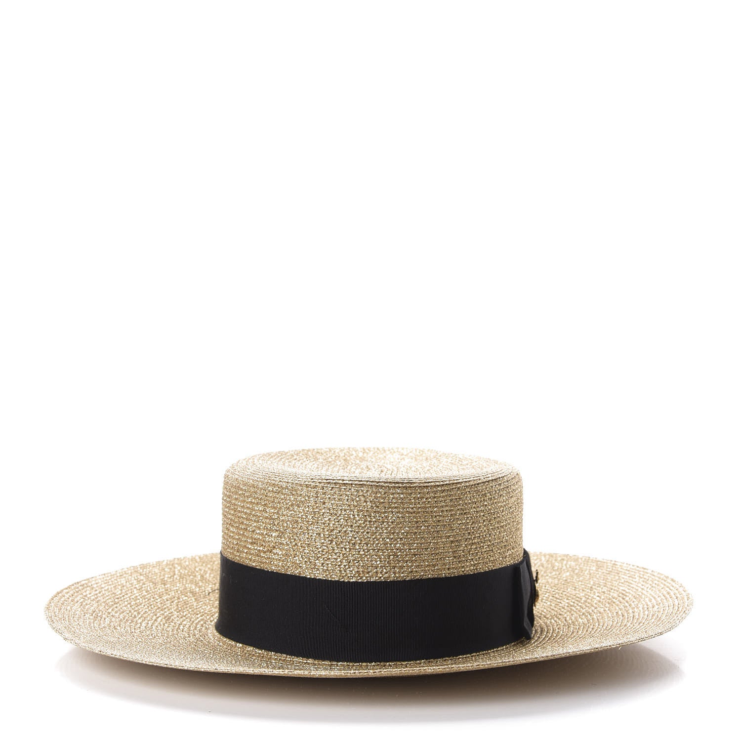 Gucci Glittered Straw Grosgrain Wide Brim Hat L Gold Black 4 of 10