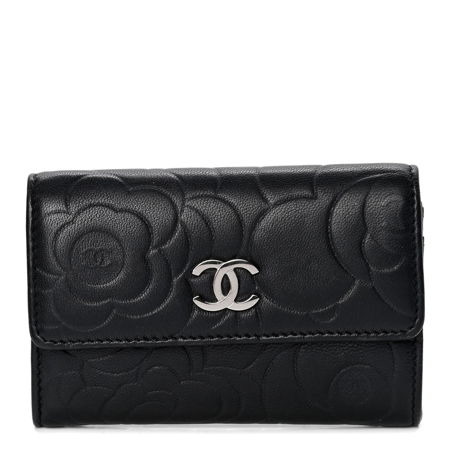 Lambskin Camellia Embossed Flap Card Holder Black
