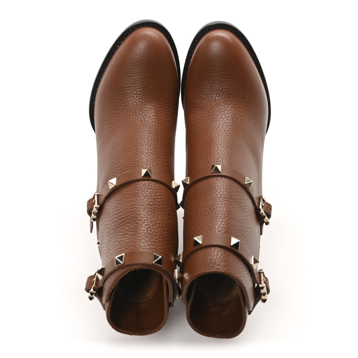 Valentino Garavani Pebbled Calfskin Rockstud Double Buckle 70mm Block Heel Ankle Boots 37.5 Bright Cognac 2 of 9