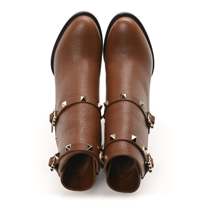 Valentino Garavani Pebbled Calfskin Rockstud Double Buckle 70mm Block Heel Ankle Boots 37.5 Bright Cognac 2 of 9