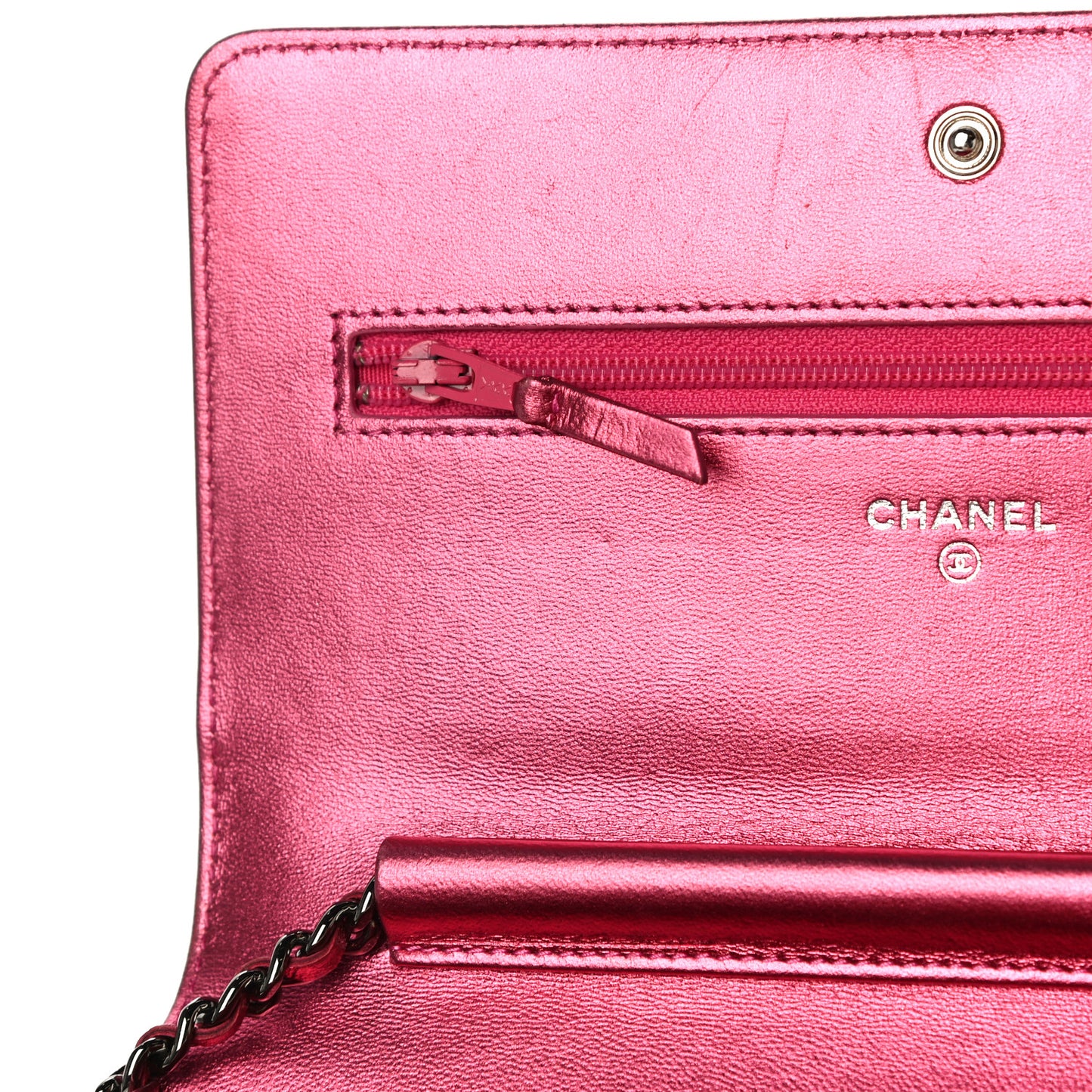 Metallic Patent Calfskin Quilted Boy Wallet On Chain WOC Fuchsia