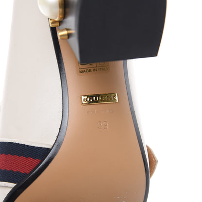 Gucci Betis Glamour Calfskin Web Pearl Embellished Peyton 75mm Loafer Pumps 39 Mystic White 6 of 10