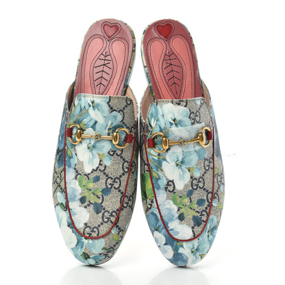 Gucci GG Supreme Monogram Blooms Womens Princetown Slippers 37 Beige Blue Navy Hibiscus Red 5 of 11