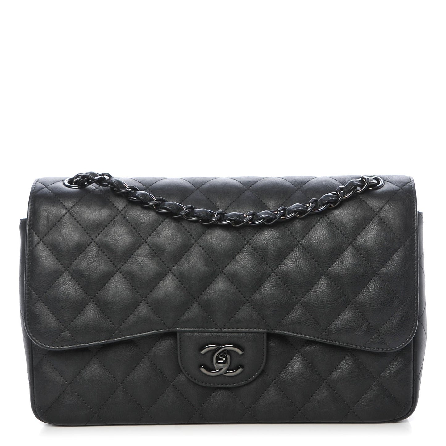 Crumpled Calfskin Quilted Jumbo Double Flap So Black