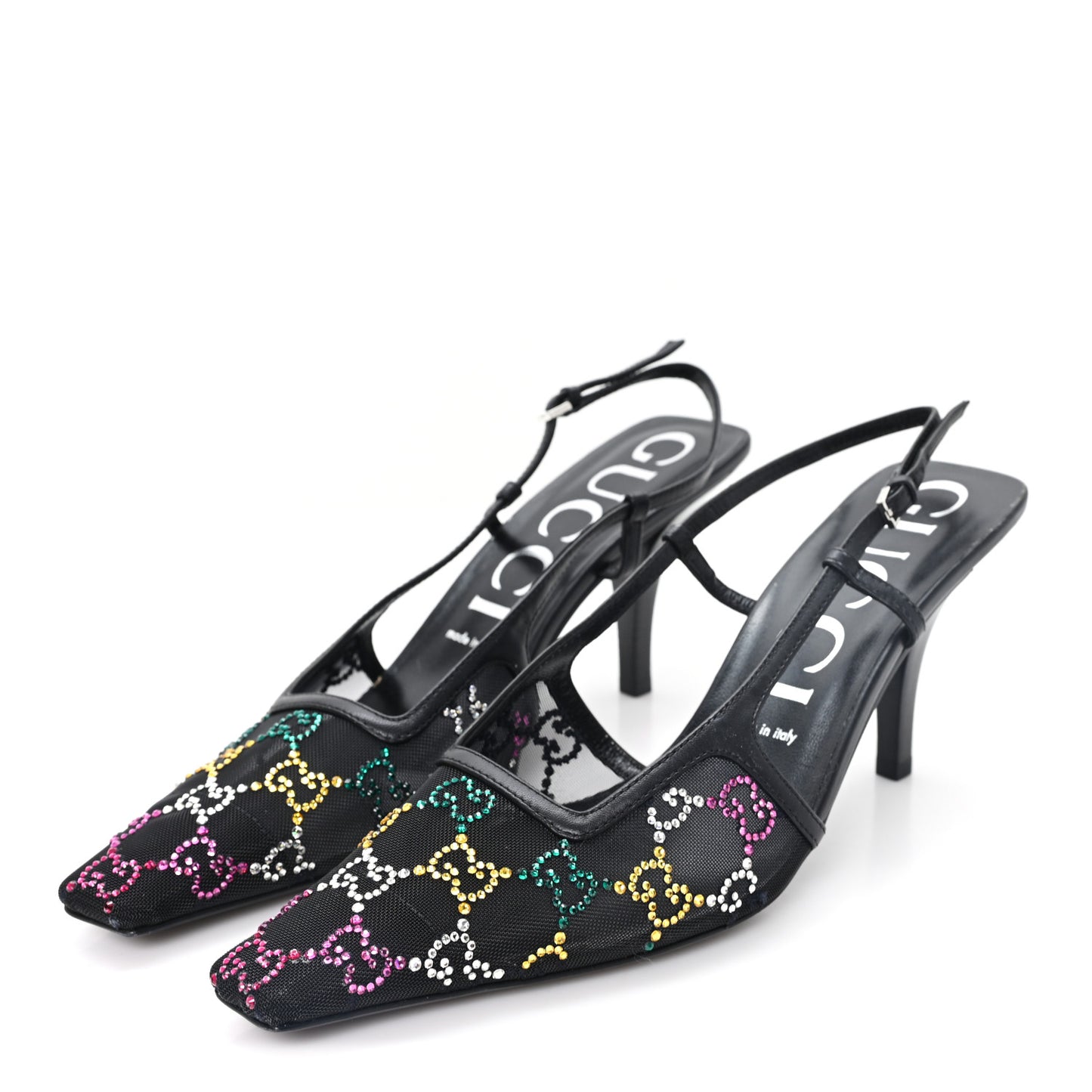 Tela Retino Nappa Charlotte Crystal GG Monogram Square G 75mm Slingback Pumps 39.5 Black
