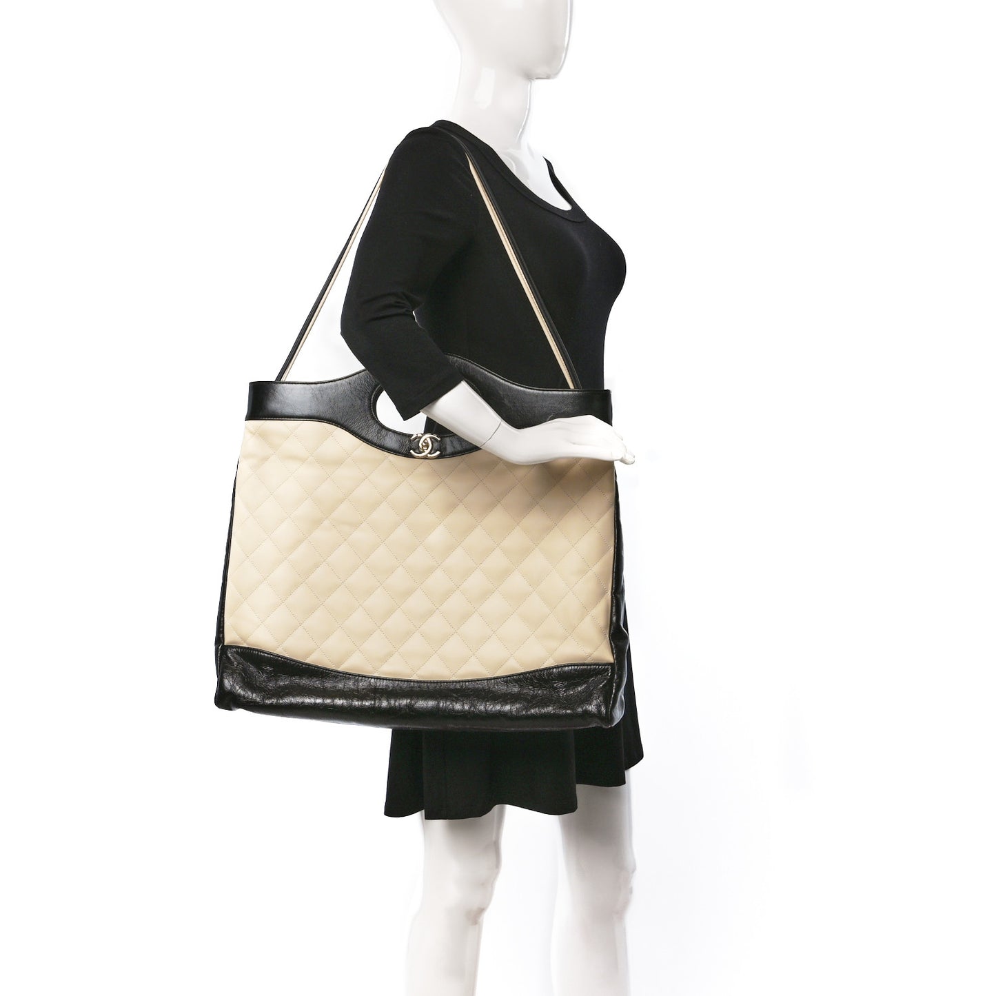 Aged Calfskin Quilted XL 31 Shopping Bag Beige Black