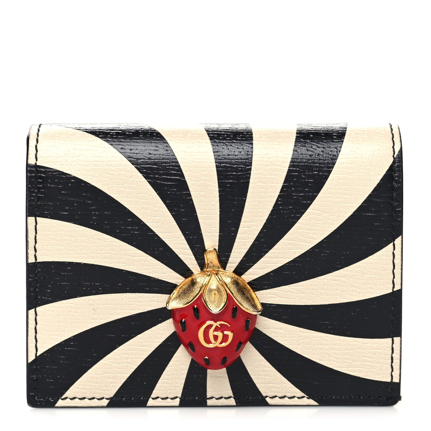 Textured Calfskin Double G Strawberry Card Case Black White