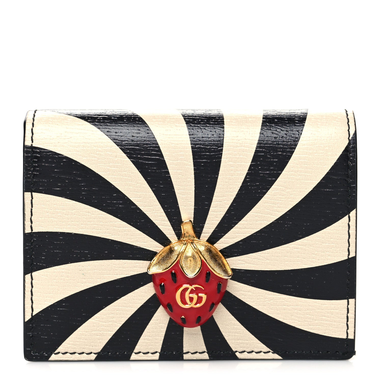 Gucci Textured Calfskin Double G Strawberry Card Case Black White 1 of 10