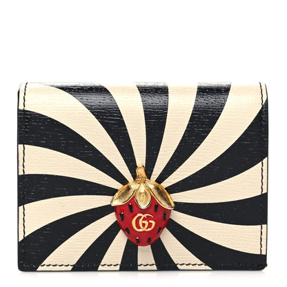 Gucci Textured Calfskin Double G Strawberry Card Case Black White 1 of 10