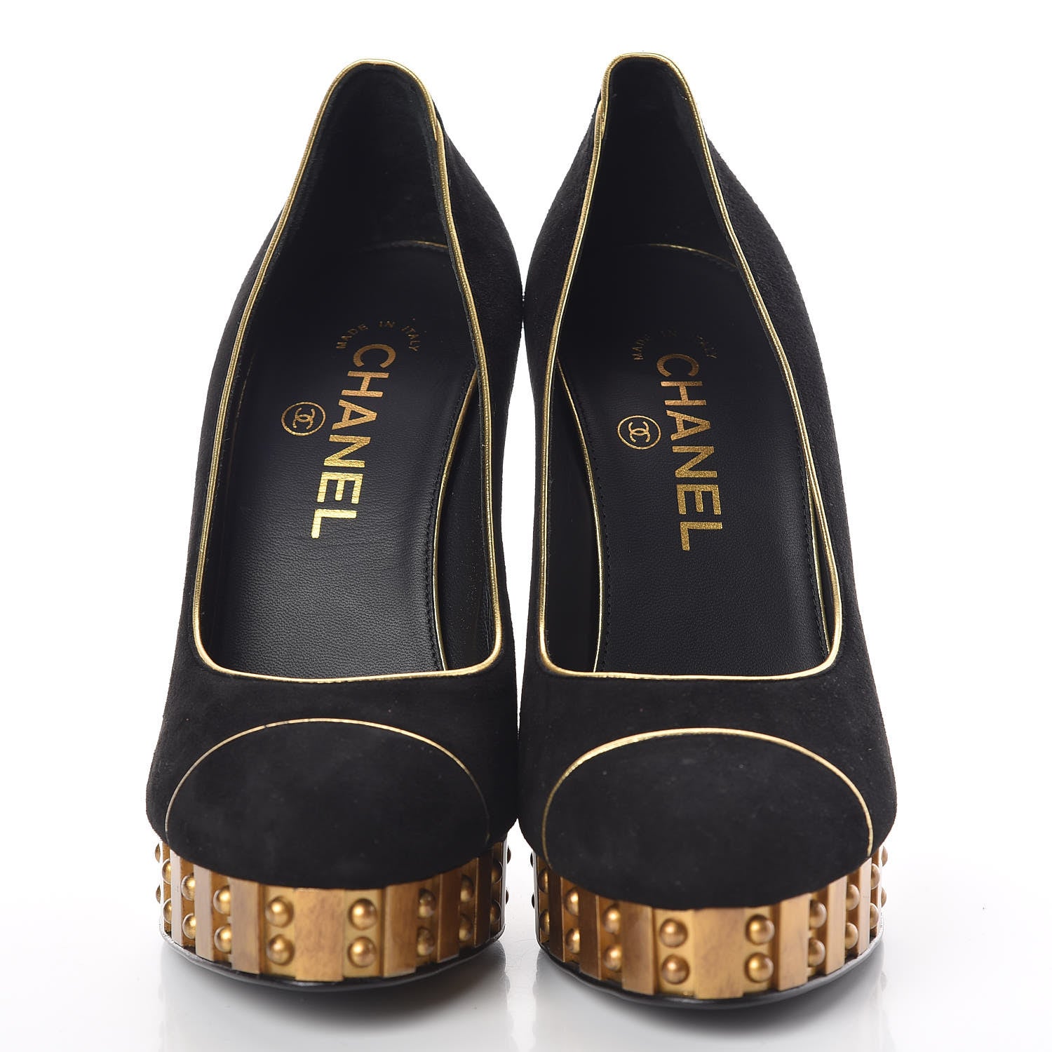 Chanel Suede Studded Platform Pumps 37.5 Black Gold 2 of 8