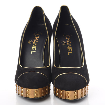 Chanel Suede Studded Platform Pumps 37.5 Black Gold 2 of 8