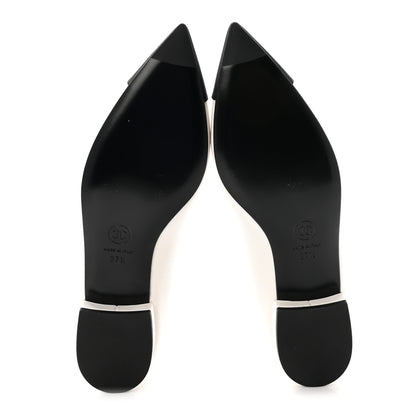 Chanel Shiny Lambskin Grosgrain Pearl Mary Janes Flats 37.5 White Black 6 of 10