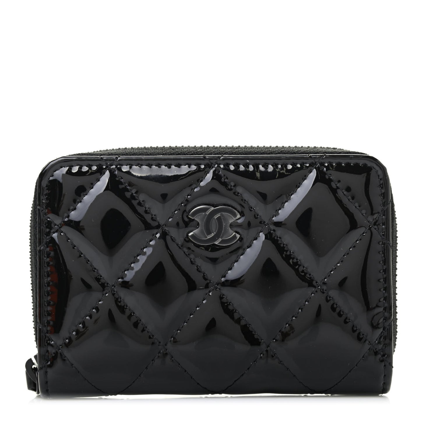 Patent Calfskin Quilted Zip Coin Purse Wallet So Black
