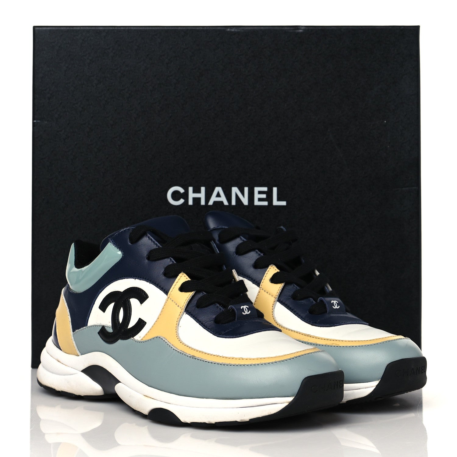 Chanel Calfskin Patent CC Sneakers 39 White Blue Yellow 8 of 8
