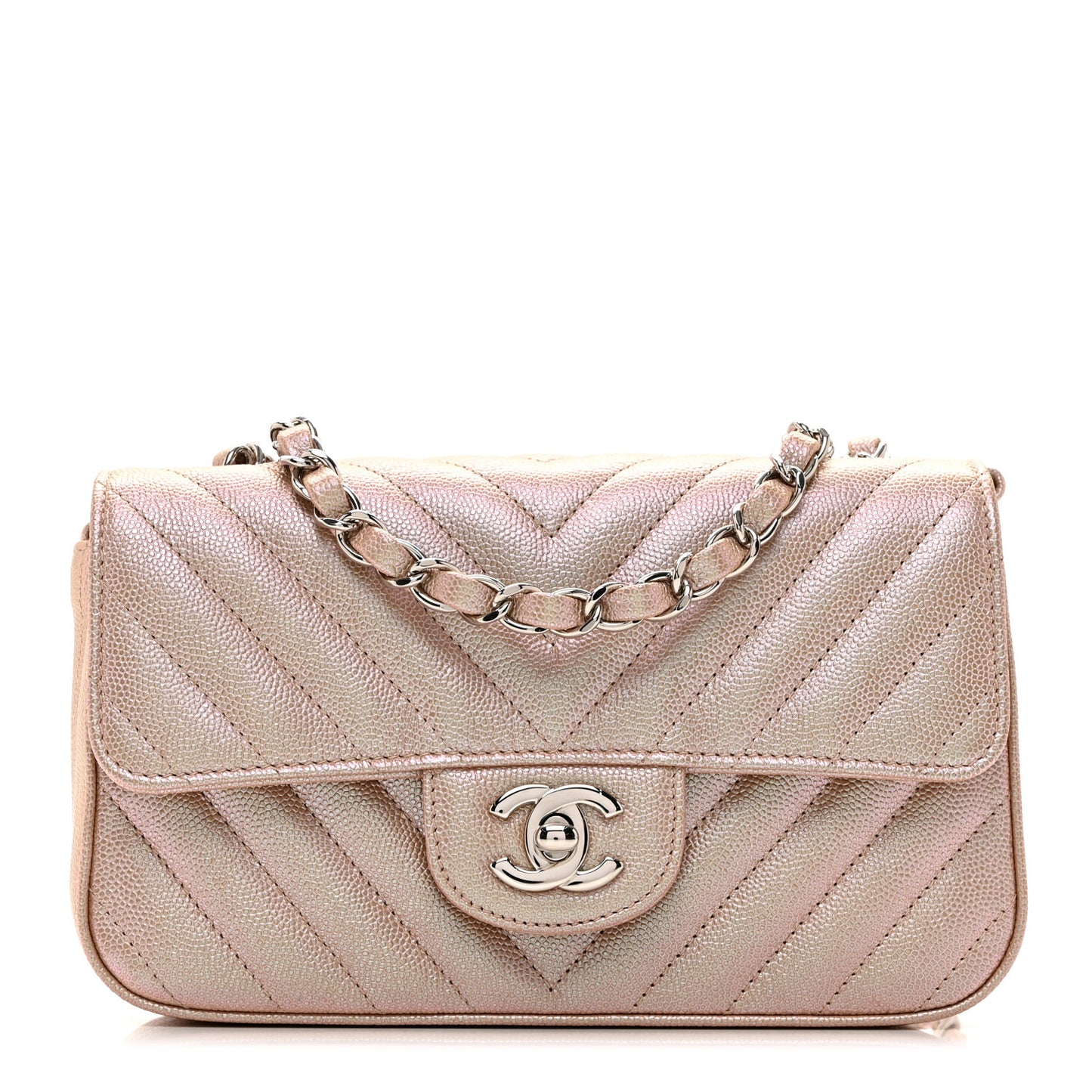 Iridescent Caviar Chevron Quilted Mini Rectangular Flap Light Gold
