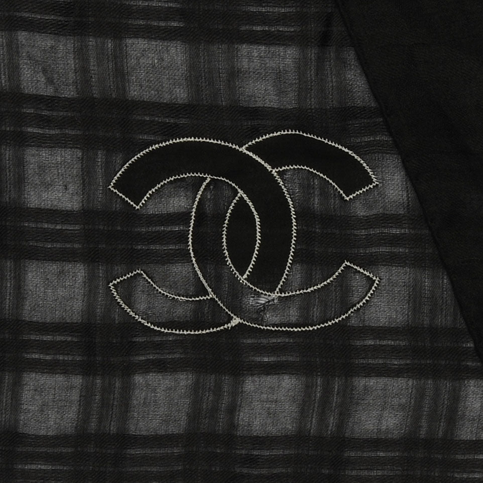 Chanel Cashmere Silk Sequins Plaid Logo Scarf Shawl Black White 4 of 7