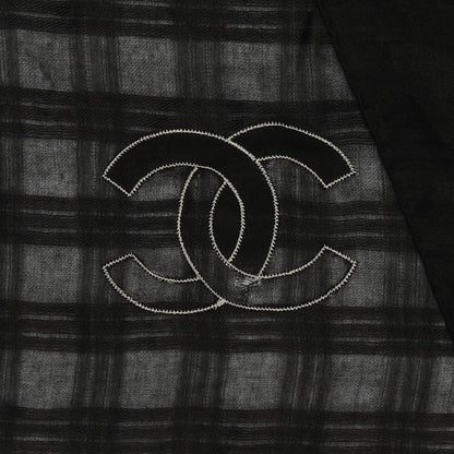 Chanel Cashmere Silk Sequins Plaid Logo Scarf Shawl Black White 4 of 7