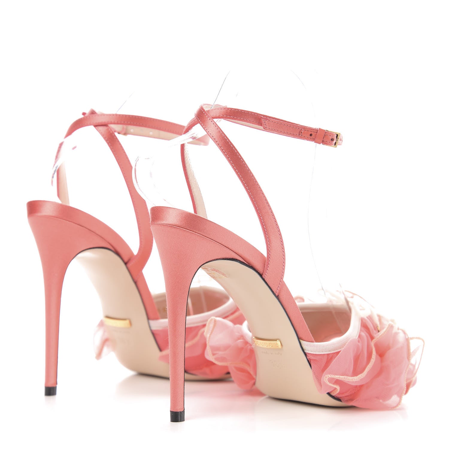 Gucci Tulle Ruffle High Heel Slingback Sandals 38.5 Peach White 4 of 9