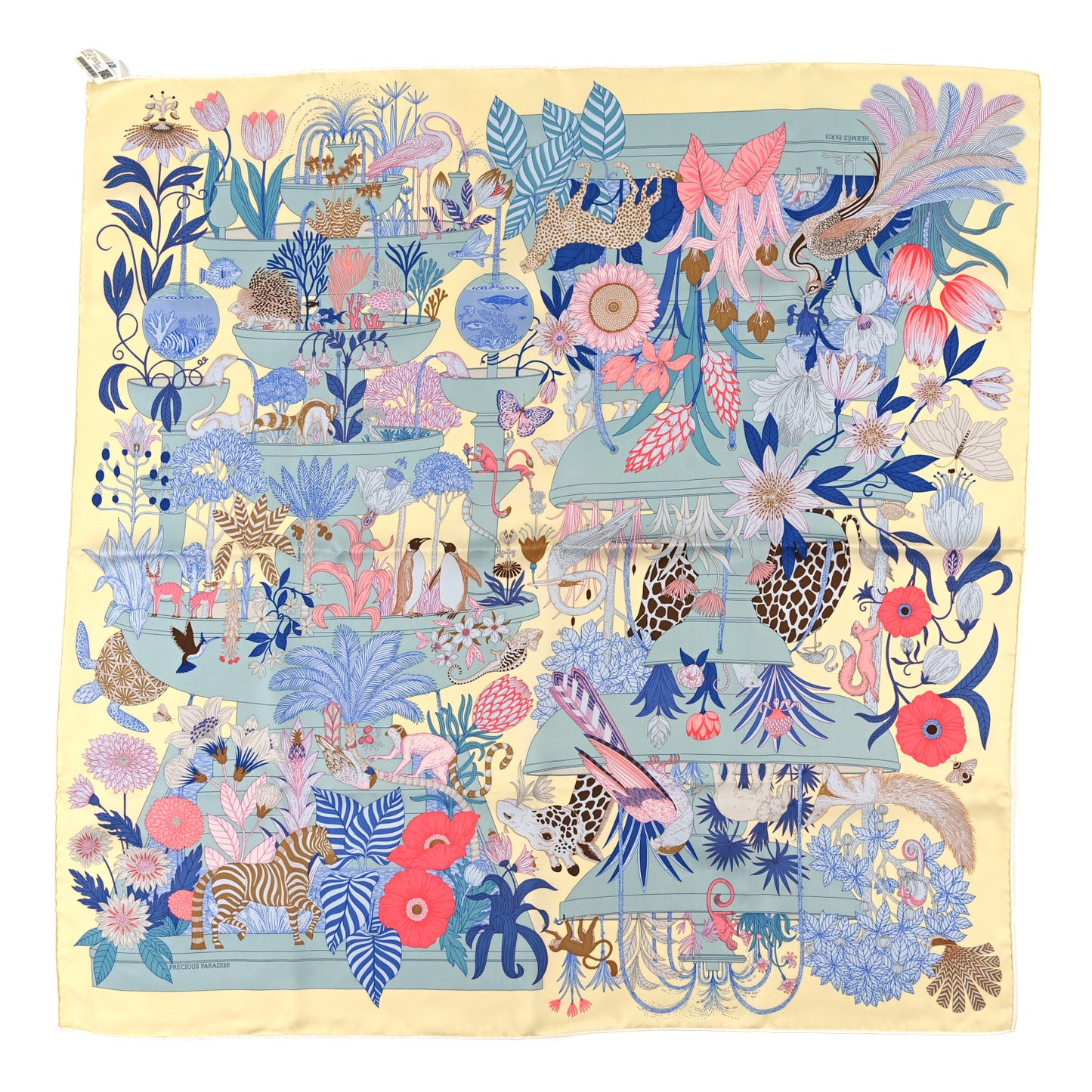 Silk Twill Precious Paradise Scarf 90 Jaune Soufre Bleu Rose