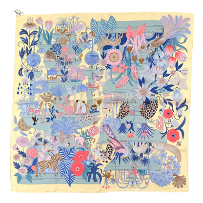 Hermes Silk Twill Precious Paradise Scarf 90 Jaune Soufre Bleu Rose 1 of 4