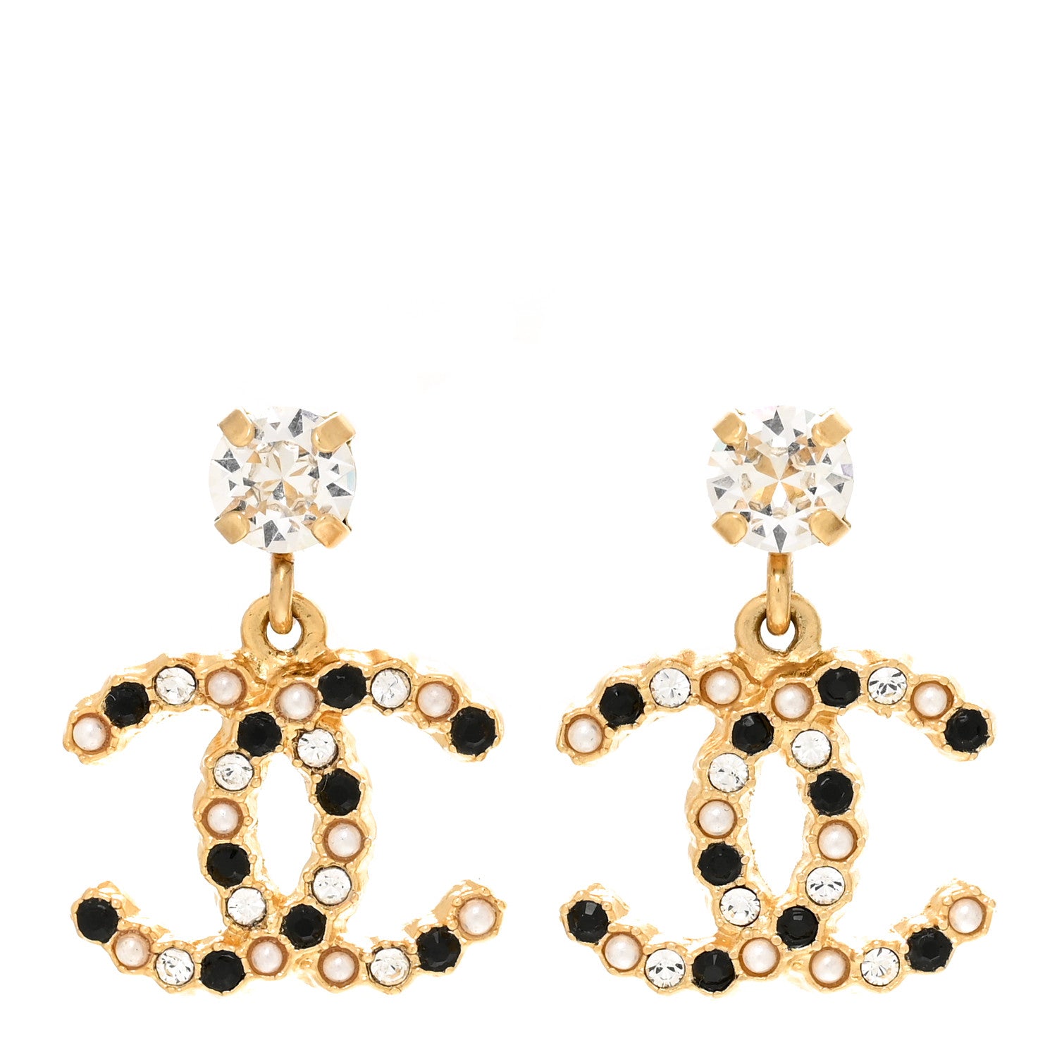 Chanel Resin Crystal Pearl CC Drop Earrings Gold Black 1 of 5