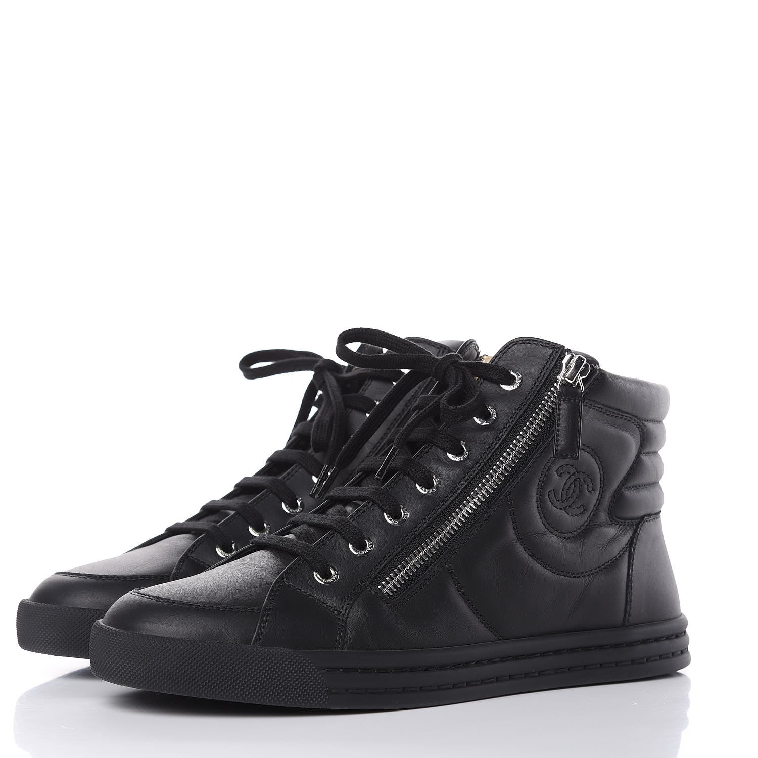 Chanel Calfskin Pearl High Top CC Sneakers 39 Black 3 of 8