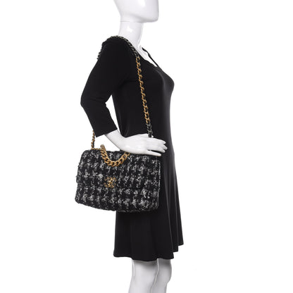 Chanel Tweed Quilted Large 19 Flap Black Ecru White 2 of 11