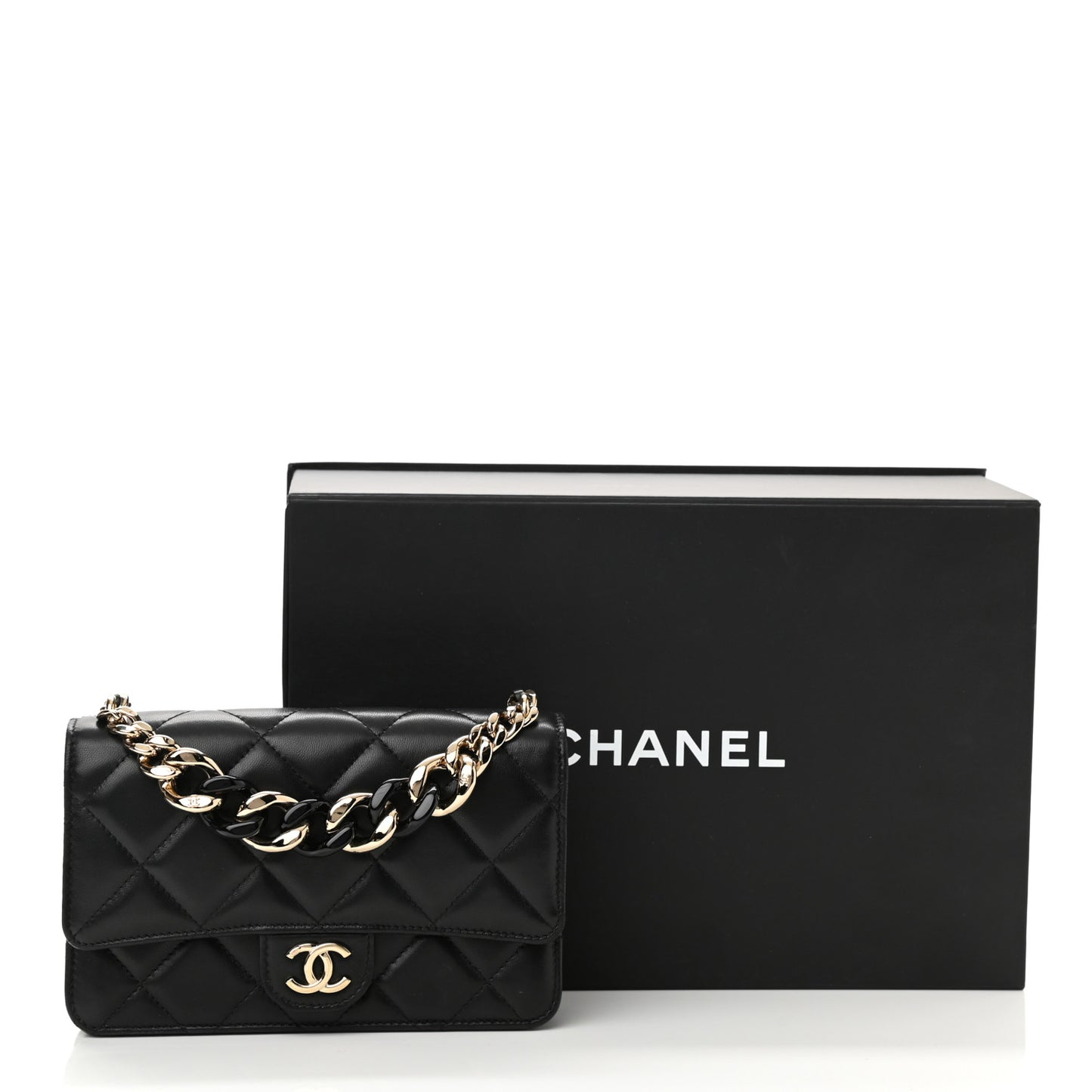 Lambskin Resin Bi-Color Quilted Wallet On Chain WOC Black