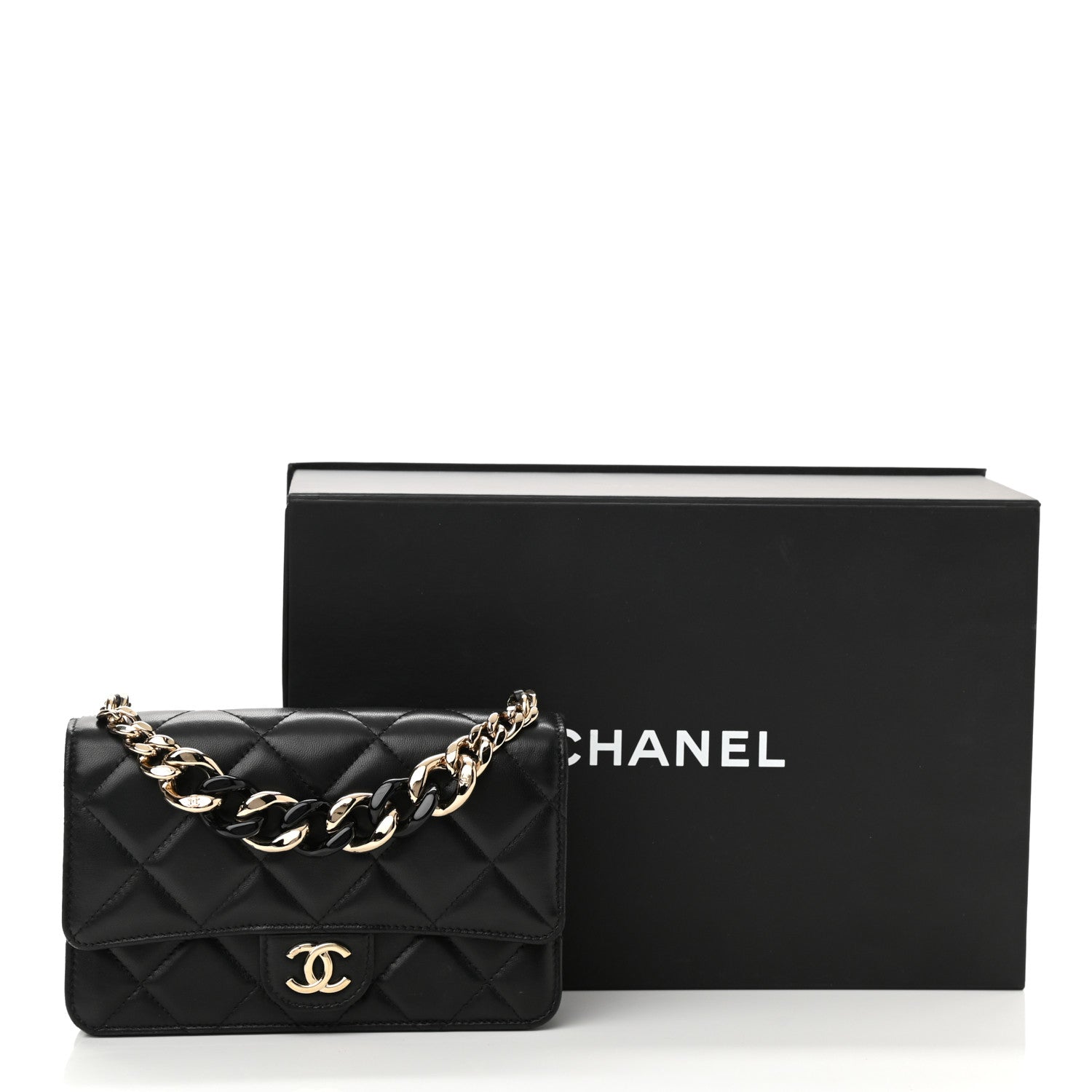Chanel Lambskin Resin Bi-Color Quilted Wallet On Chain WOC Black 11 of 11