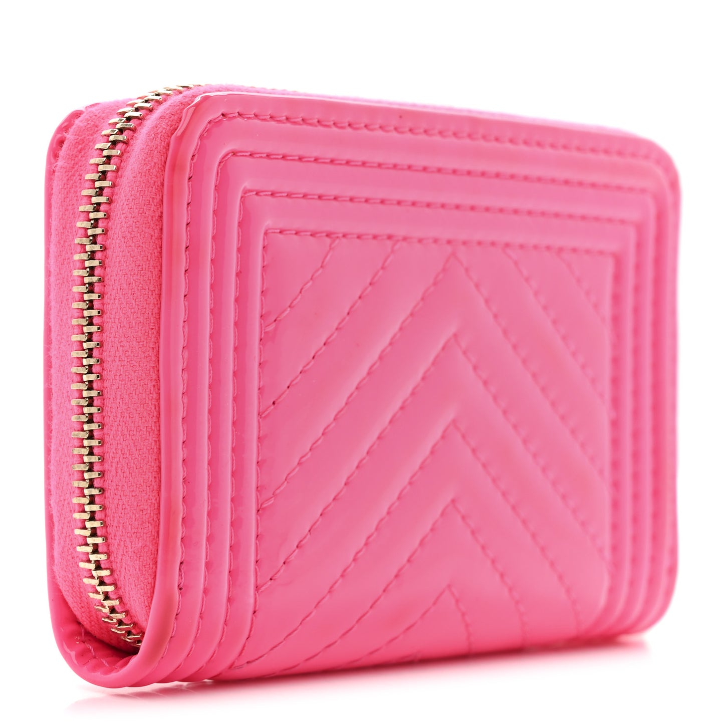 Patent Chevron Quilted Zip Around Boy Coin Purse Wallet Neon Pink