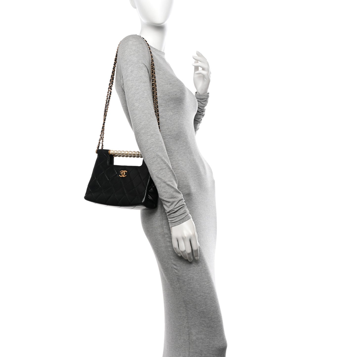 Shiny Lambskin Pearl Small Shopping Bag Black
