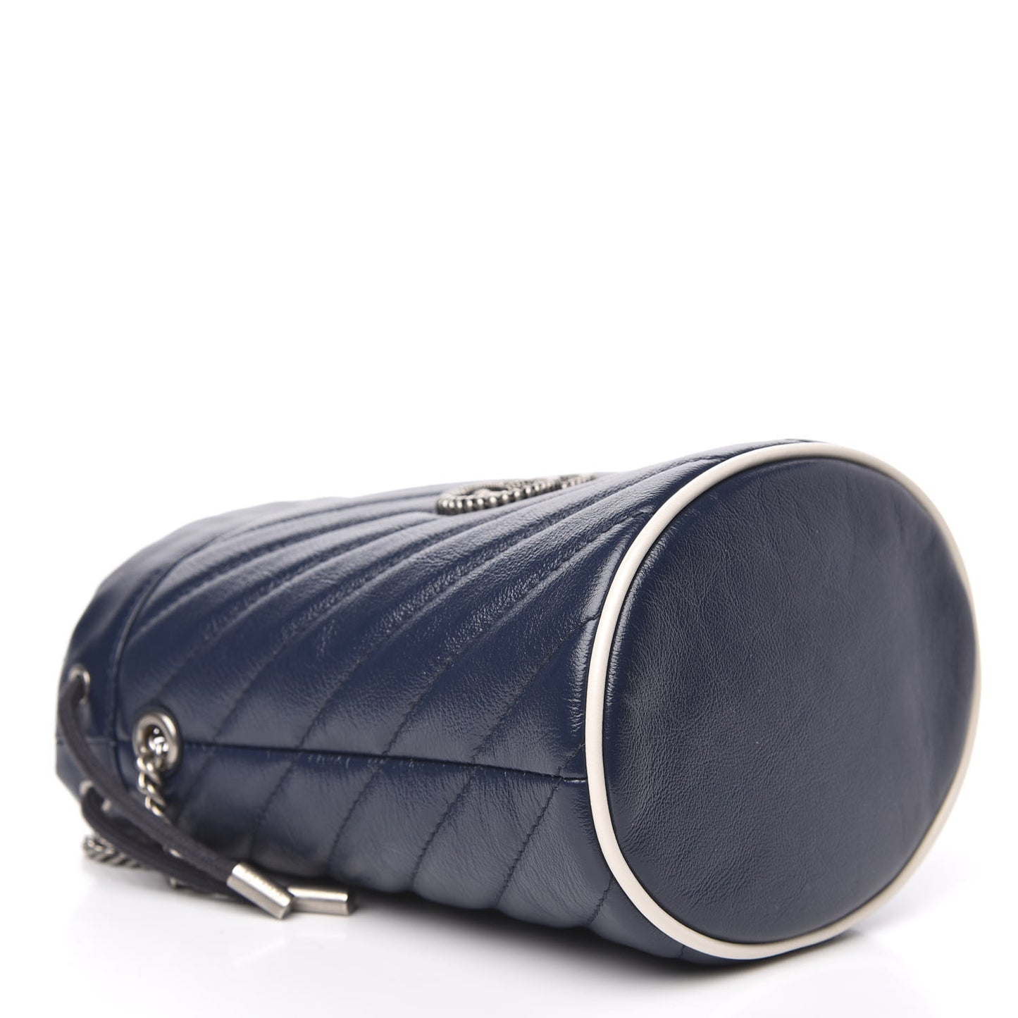 Vintage Effect Calfskin Matelasse Diagonal Mini Torchon GG Marmont 2.0 Bucket Bag Blue Agata Mystic White